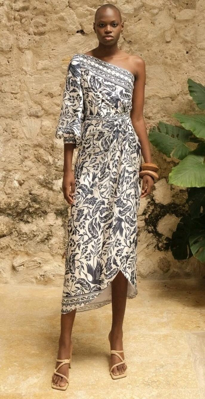 Andrés Otálora Tombuctu Asymmetric Twill Midi Dress Size 8 Blue/White